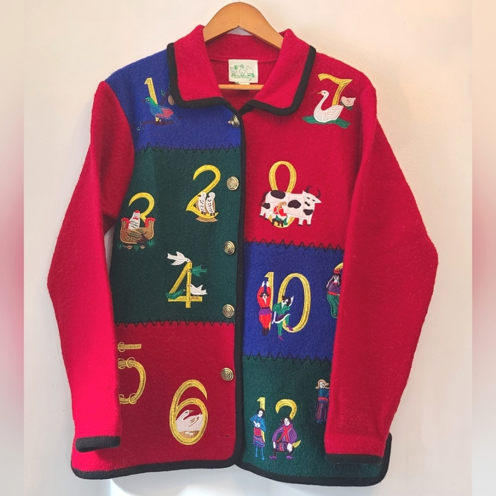 Quacker Factory 100% Wool 12 Days of Christmas Holiday Cardigan
